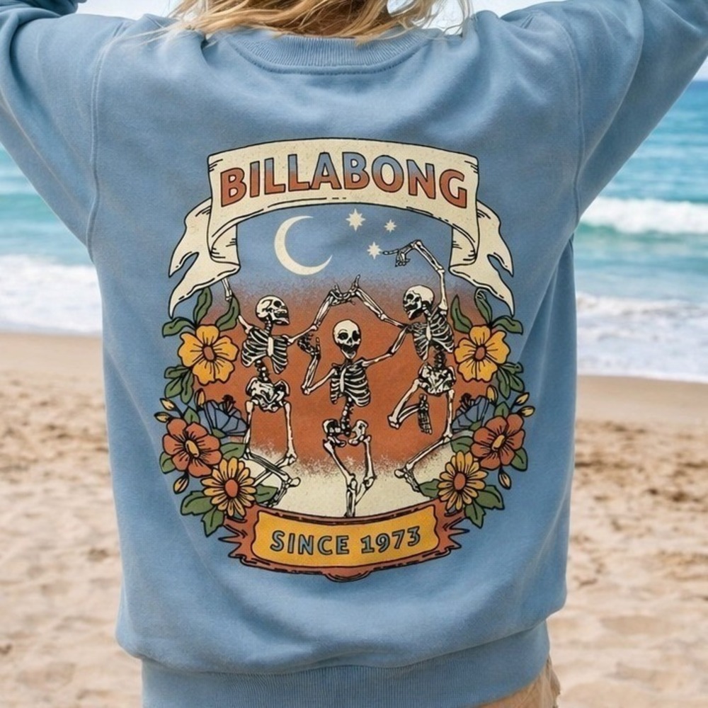 Billabong Girls Small Blue Crewneck Sweatshirt Floral & Skeleton Graphic NWT